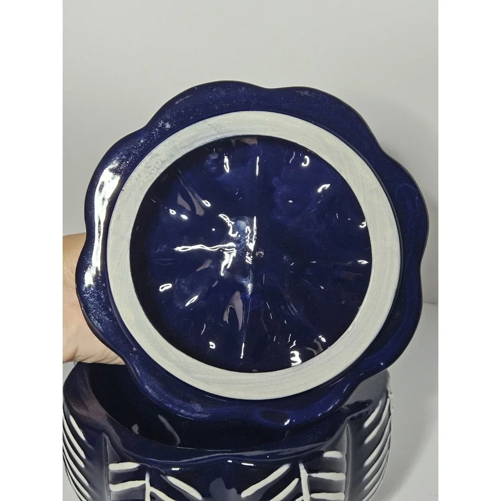 Blue White Ceramic Pumpkin Lidded Candy Dish Jar Thanksgiving Fall Decor 7in